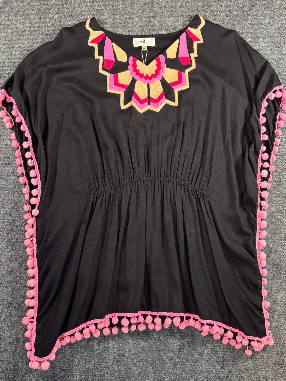 A&B Girls Beach Coverup Poncho Black Pink Embroidered Pom Pom Tassel Size M Boho